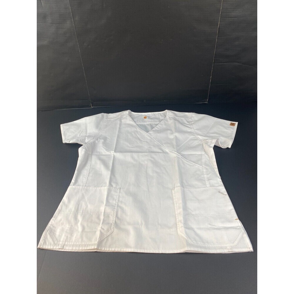 Carhartt scrub top Women's‎ size Large White V Neck pockets front New